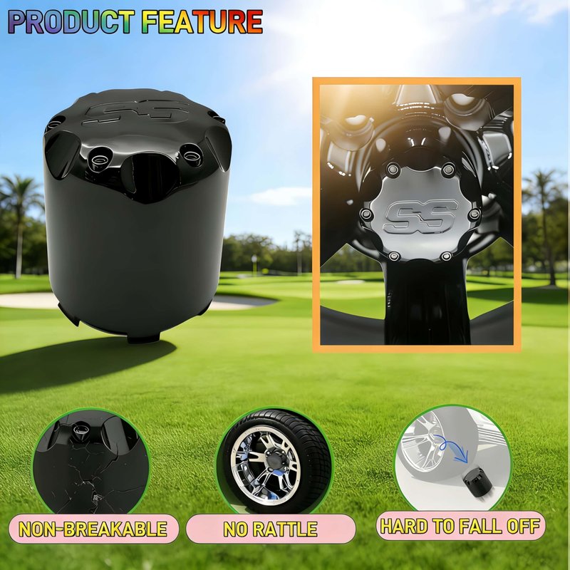 WUKO HUNT Golf Cart SS Wheel Center Cap Cover, ITP Push in Style Wheel Hub Caps Dust Cover for EZGO Club Car Yamaha and Other Models 8,10,12,14 inch Wheel,4 PCS(Gloss Black with Black SS)
