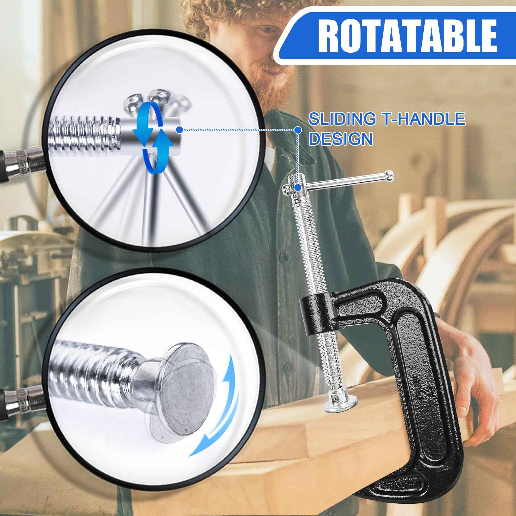 MYFAMIREA 8 Pcs C Clamp 2 Inch Heavy Duty Steel C Clamp Set Cast Iron Frame Sliding T-Handle More Stability Massive Clamps for Woodworking, Welding, Building, Automotive Applications (Black)