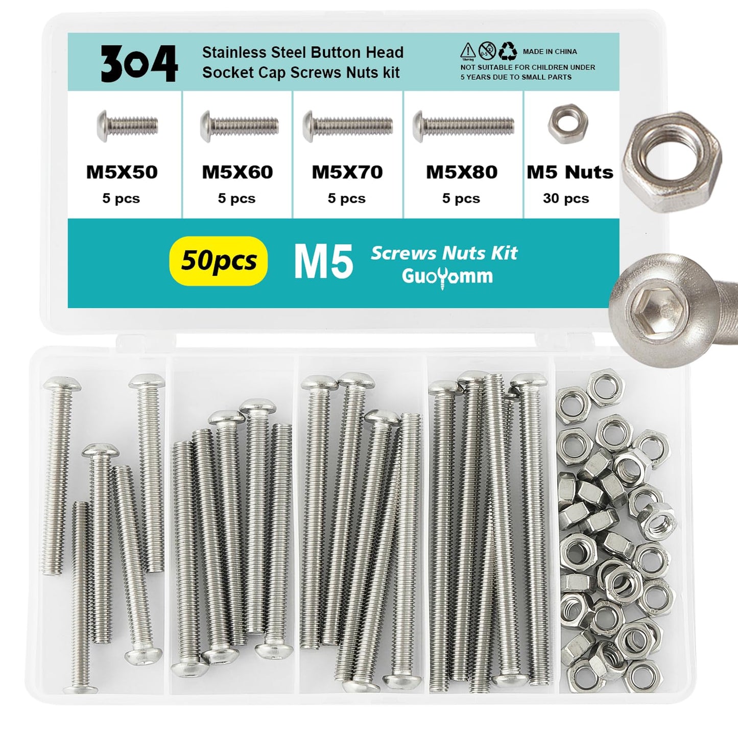 GuoYomm 50PCS M5 x 50mm 60mm 70mm 80mm, Button Head Socket Cap Screws Bolts Nuts Kit, Stainless Steel 304, Metric Allen Hex Drive, Fully Threaded