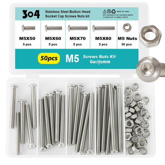 GuoYomm 50PCS M5 x 50mm 60mm 70mm 80mm, Button Head Socket Cap Screws Bolts Nuts Kit, Stainless Steel 304, Metric Allen Hex Drive, Fully Threaded