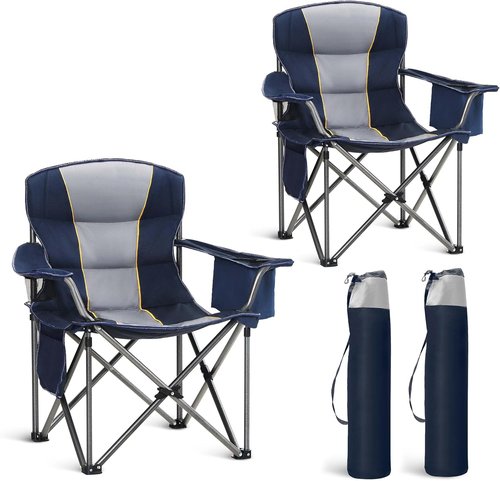 High Point Sports Oversized Portable Camping Chair - Heavy Duty, 450 LBS Support, 2 Pack, Blue | Includes Cup Holder & Cooler Bag