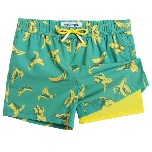 maamgic Boys Swim Trunks with Compression Liner Toddler Stretch Swim Shorts Quick Dry Swimming Trunks Boxer Brief 2 in 1 Beach Shorts Green Banana Eating 5/6