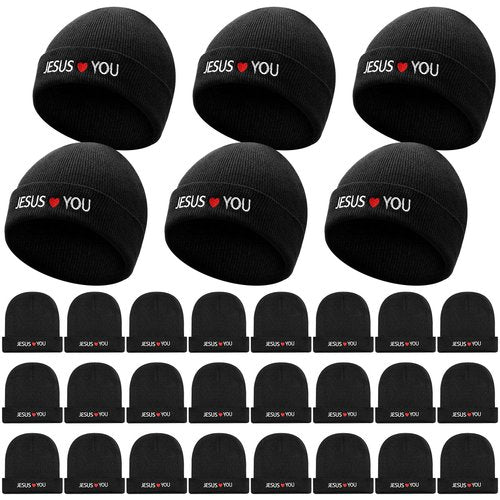 JenPen 30 Pack Jesus Winter Beanie Hats Jesus Love You Unisex Hat for Homeless Gift Christian Donation (Black)