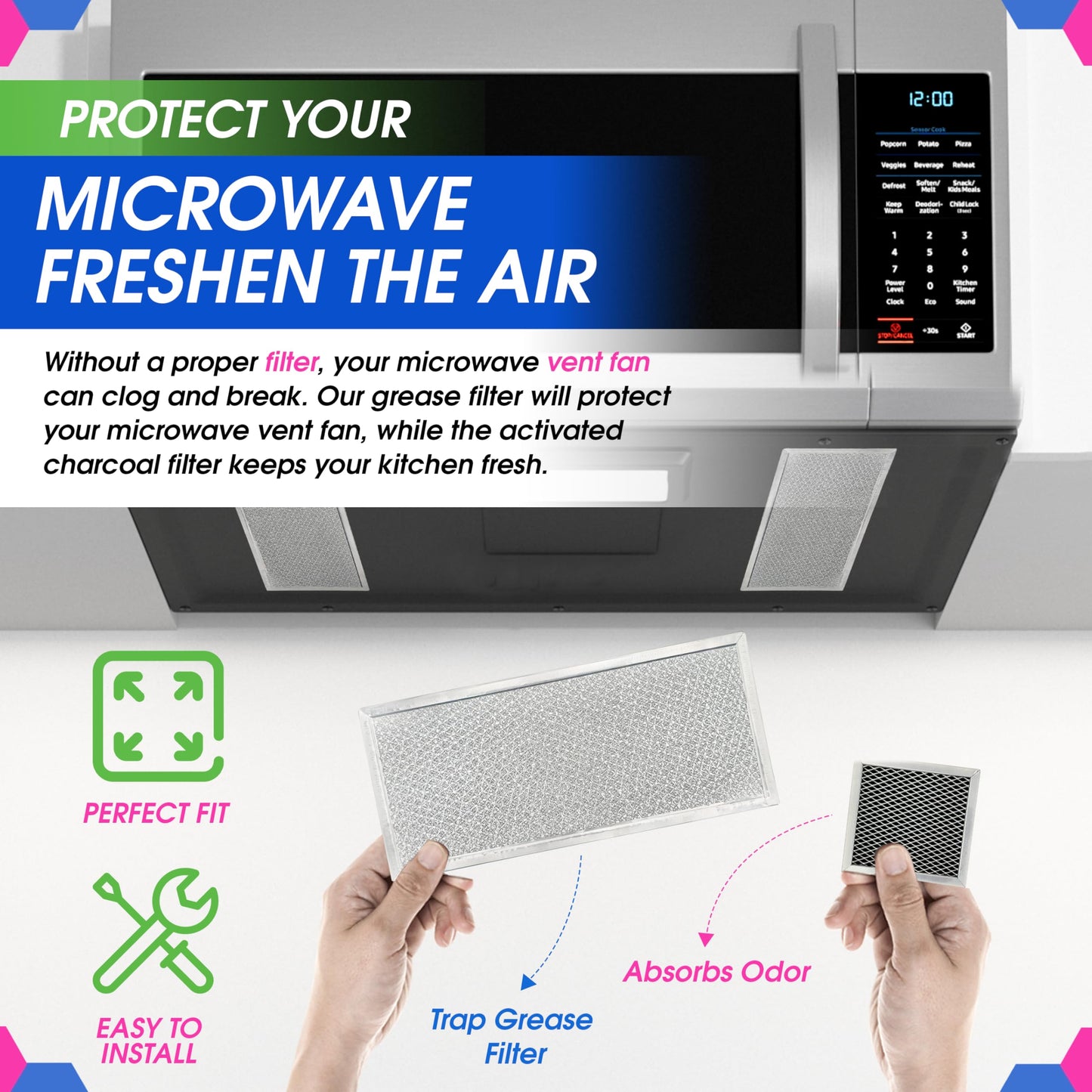 Bagean Grease Microwave Vent Filter W10208631A and Charcoal 8206230A Whirlpool Microwave Filter Replacement Combo Pack - Aluminum Mesh and Carbon Filters Refresh The Kitchen Stove Oven Air (2-Sets)