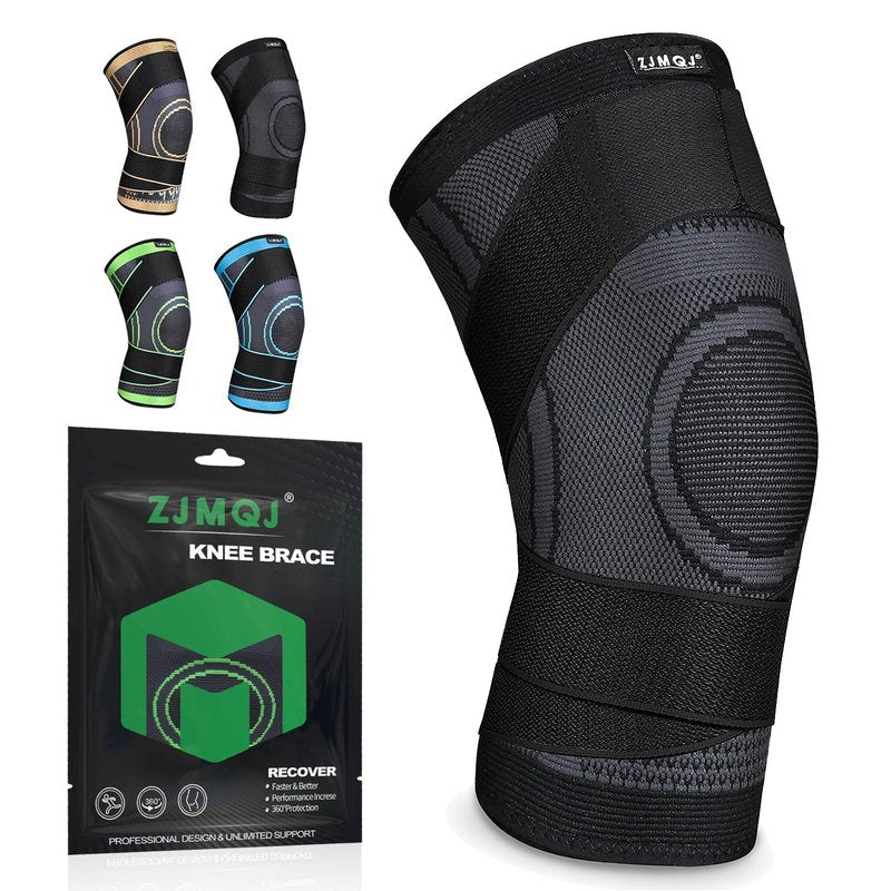 ZJMQJ Knee Brace with Straps for Women/Men, Knee Compression Sleeve for Knee Pain, Arthritis, ACL, PCL, Meniscus Tear, Joint Pain Relief. Knee Support for Running, Workout, 1 pcs (Black, Large)