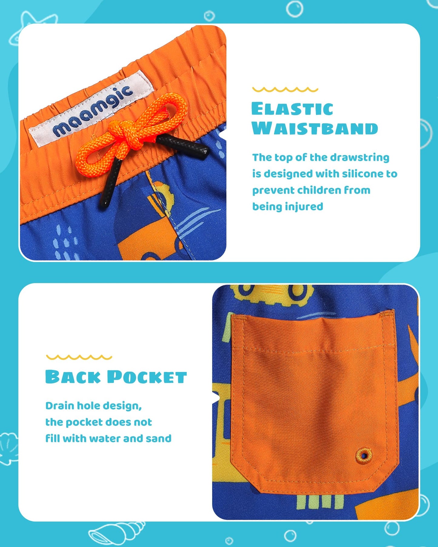 maamgic Boys Swim Trunks with Compression Liner Toddler Stretch Swim Shorts Quick Dry Swimming Trunks Boxer Brief 2 in 1 Beach Shorts Blue Vehicle 14/16