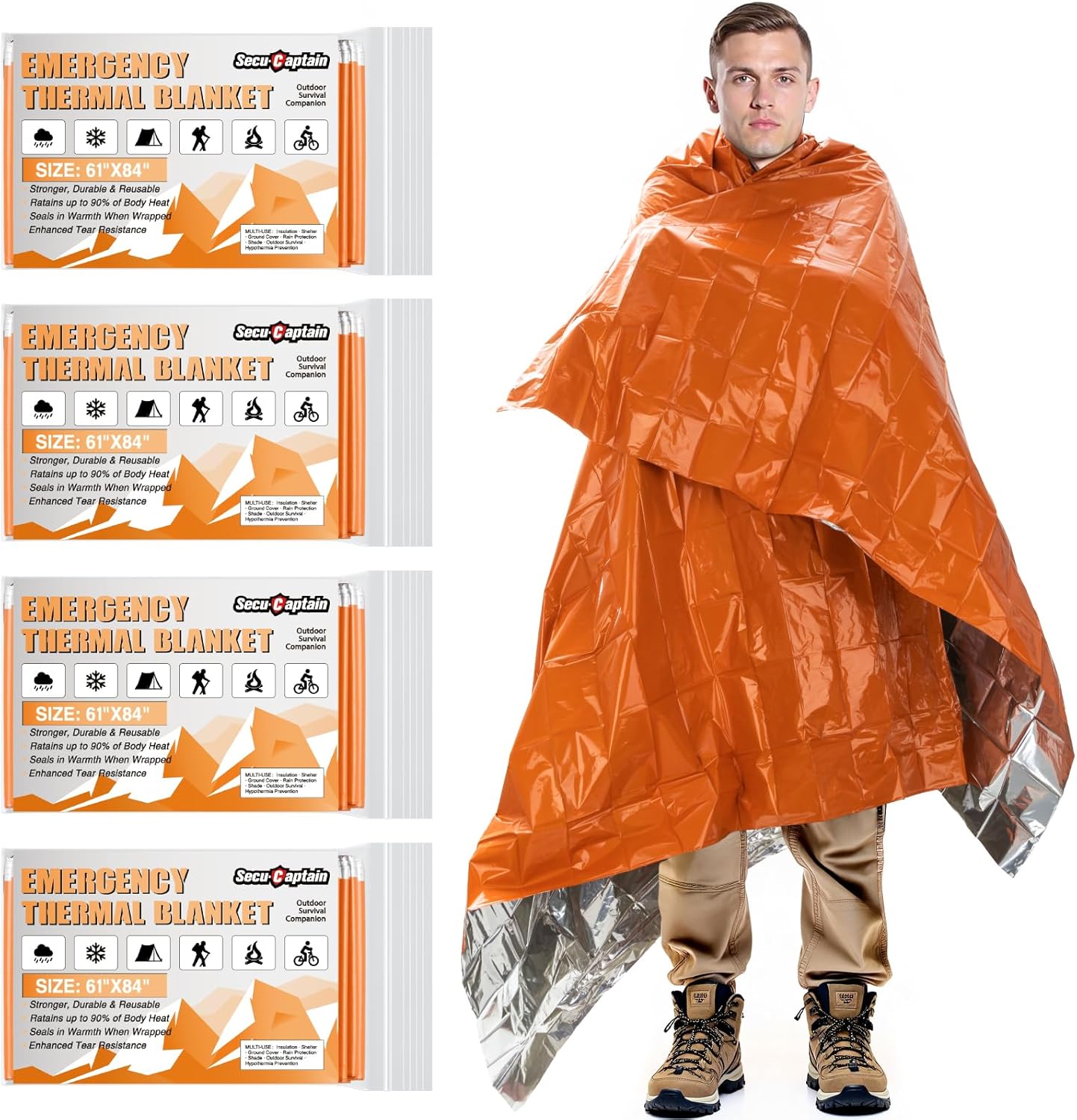 SecuCaptain Thermal Emergency Blankets - Thick 28um Mylar Kit for Cold Weather Camping | 4 Pack - Orange