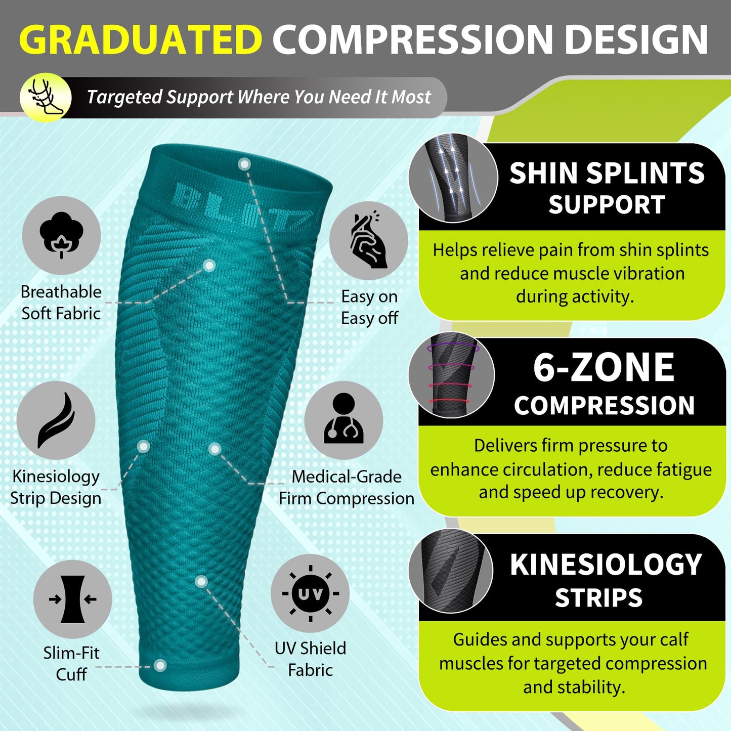 BLITZU Calf Compression Sleeves for Men and Women. Footless Compression Socks Support for Varicose Vein, Nursing, Running. Leg Sleeve Brace for Shin Splints, Pain Relief & Reduces Swelling Teal L-XL