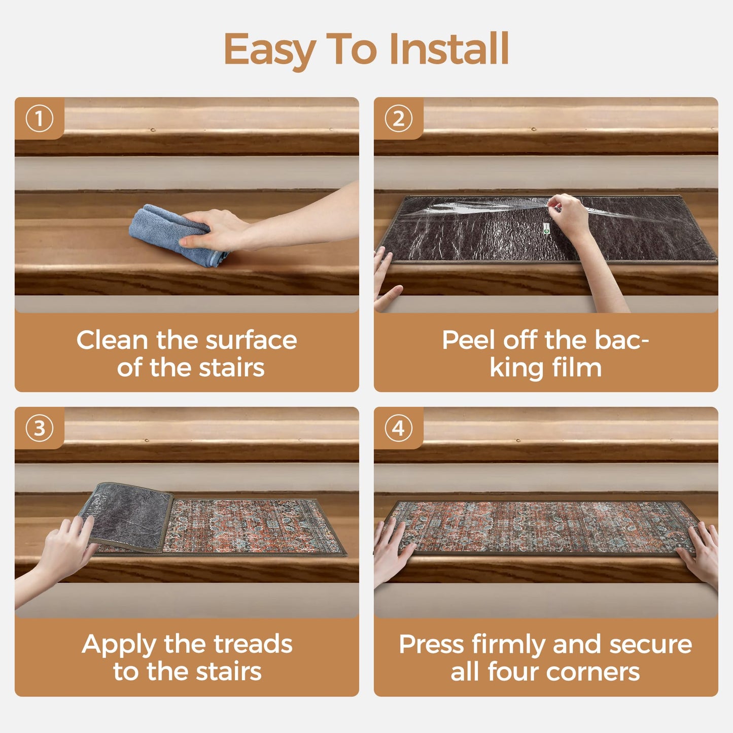 sarben Carpet Stair Treads Non Slip 4PCS, 8" X 30" Edging Stair Runner for Wooden Steps Indoor, Resistant Stair Rug with Reusable TPE Adhesive Backing, Residue Free Mat for Elders, Pets, Terracotta