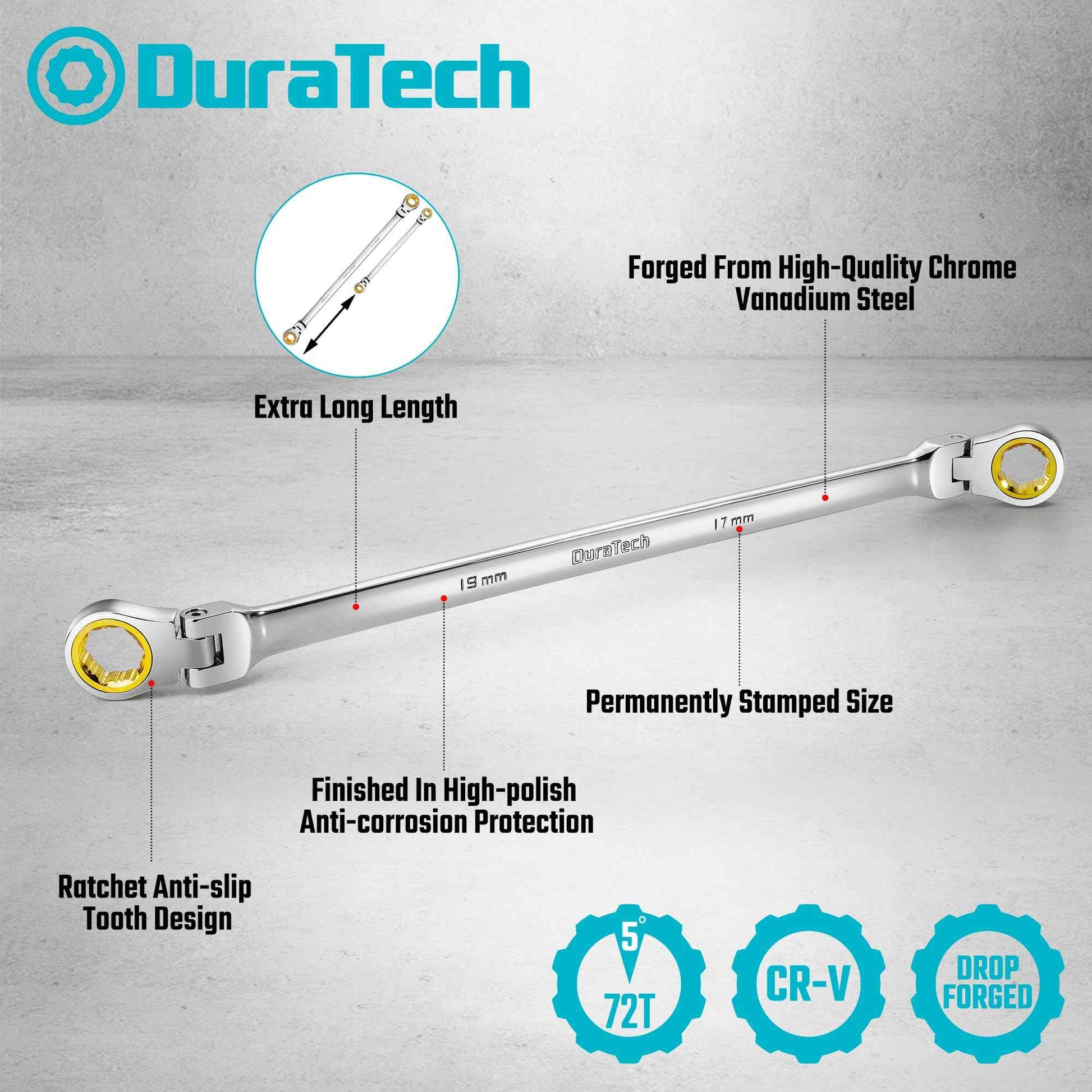 DURATECH Extra Long Anti-Slip Flex-Head Ratcheting Wrench Set, Double Box End Wrench Set, 6-Piece, Metric 8-19 mm, CR-V Steel, with Pouch