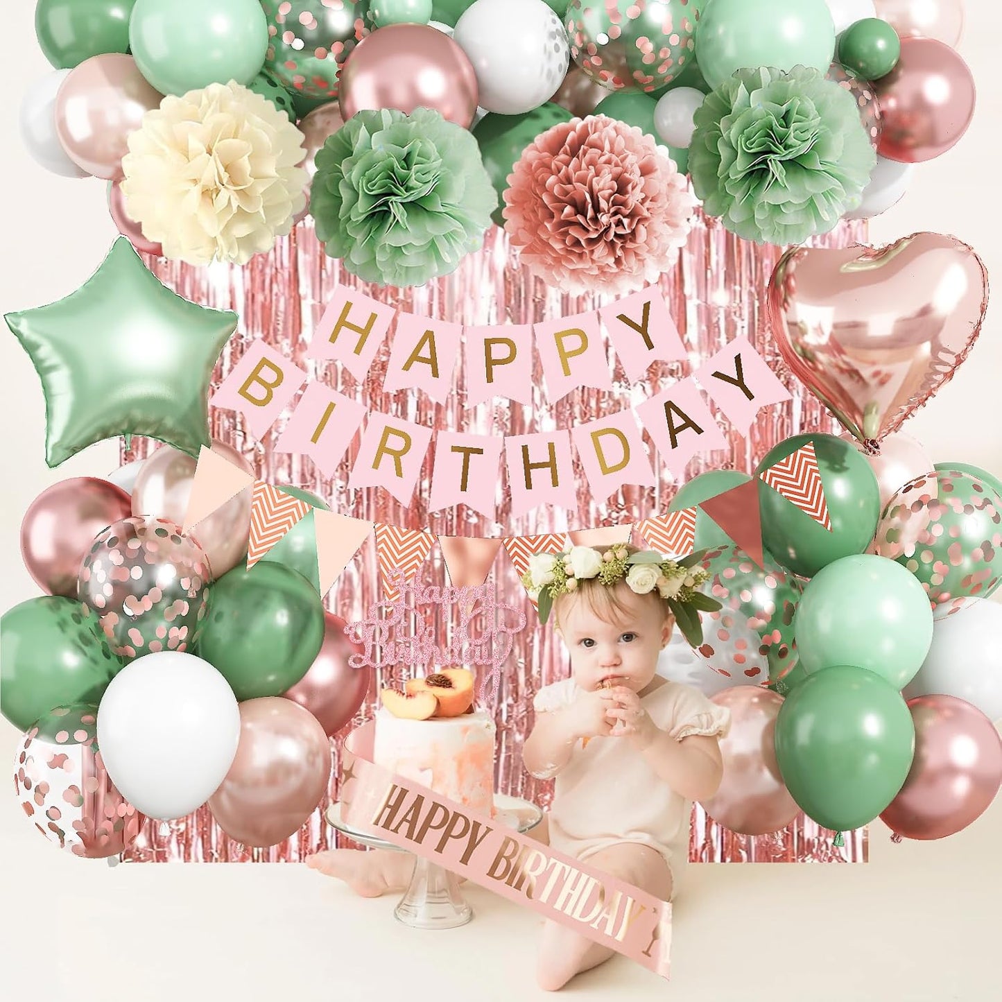 Regine Switzerland Birthday Decorations - Retro Rose Gold & Sage Green Party Décor | Foil Balloons, Happy Birthday Banner & Cake Topper