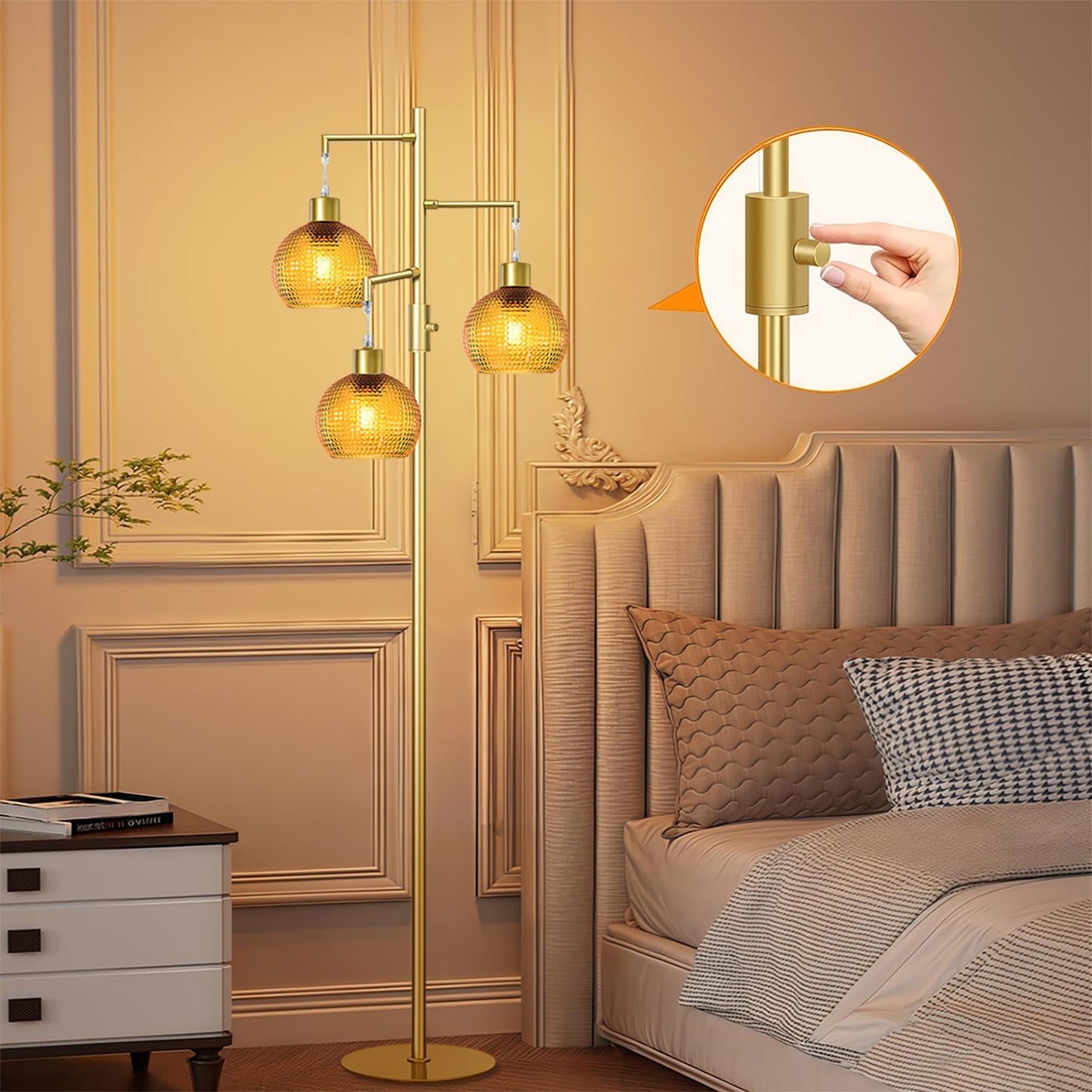 Duoled Gold Floor Lamp with Orange Glass Shade, Modern Standing Tree Lamps for Living Room, Dimmable 3 Lights Tall Lamp, 3 x 600LM LED Edison Bulbs Included