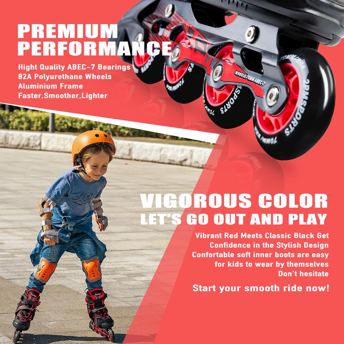 2PM SPORTS Torinx Green Boys Adjustable Inline Skates, Fun Beginner Roller Skates for Kids, Youth, Girls, Men and Women (Red, Medium - Big Kid (1-4 US))