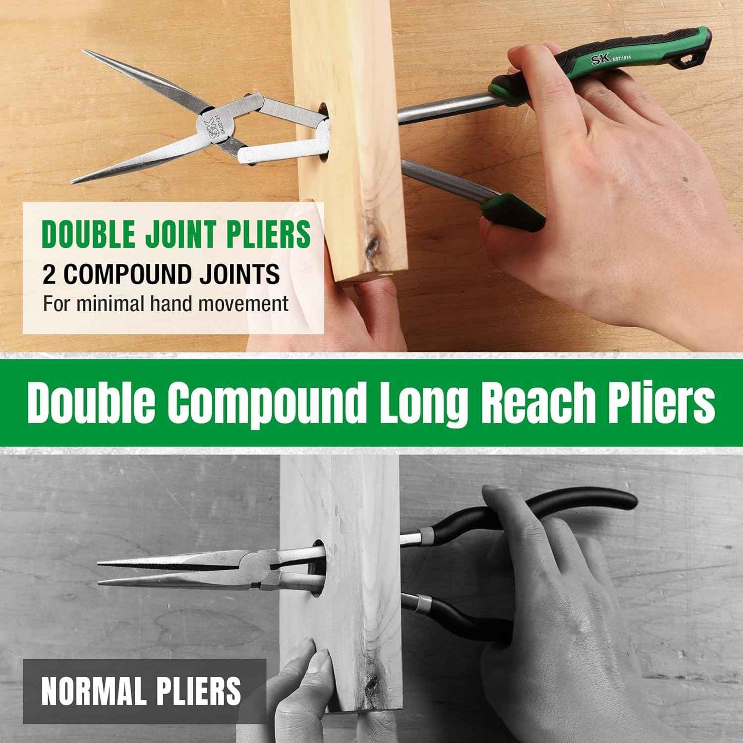 Premium 2-Piece Long Reach Pliers Set - 13-Inch Straight & 45° Bent Nose with Comfort Grips