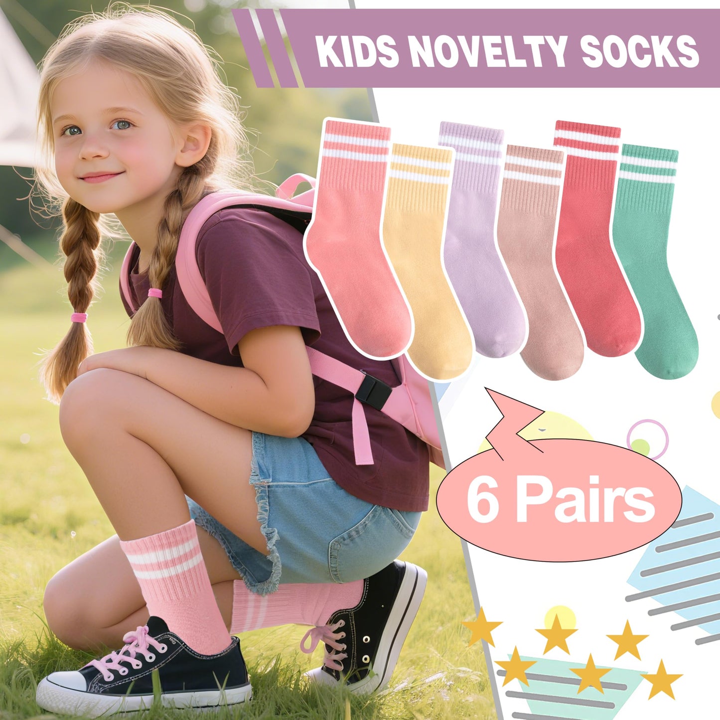 SAVALOS Kids Girls Socks Athletic Basketball Sport Youth Crew Cotton Gift Socks 6 Pairs Stocking Stuffers(Assorted,5-8 Years)