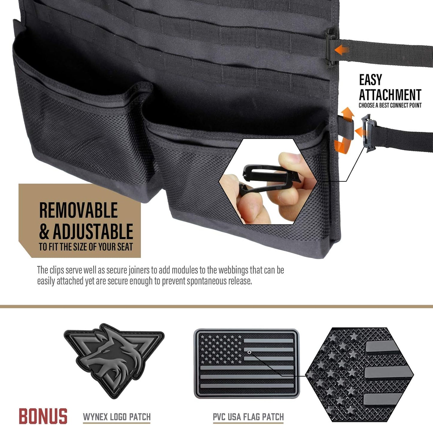 WYNEX Car Seat Organizer - Molle Backseat Cover with Visual Pocket & Sling Rack | Fits F150, Jeeps, Trucks