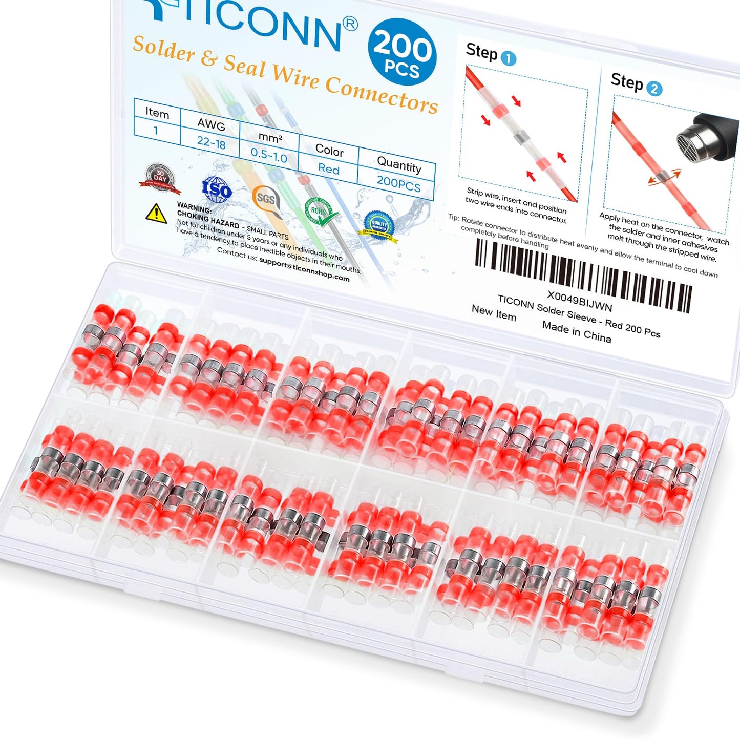 TICONN 200 PCS Solder Seal Wire Connectors, Heat Shrink Butt Connectors, Waterproof and Insulated Electrical Wire Terminals, Butt Splice (200PCS, Red)