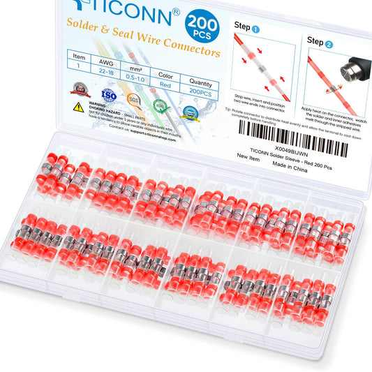 TICONN 200 PCS Solder Seal Wire Connectors, Heat Shrink Butt Connectors, Waterproof and Insulated Electrical Wire Terminals, Butt Splice (200PCS, Red)