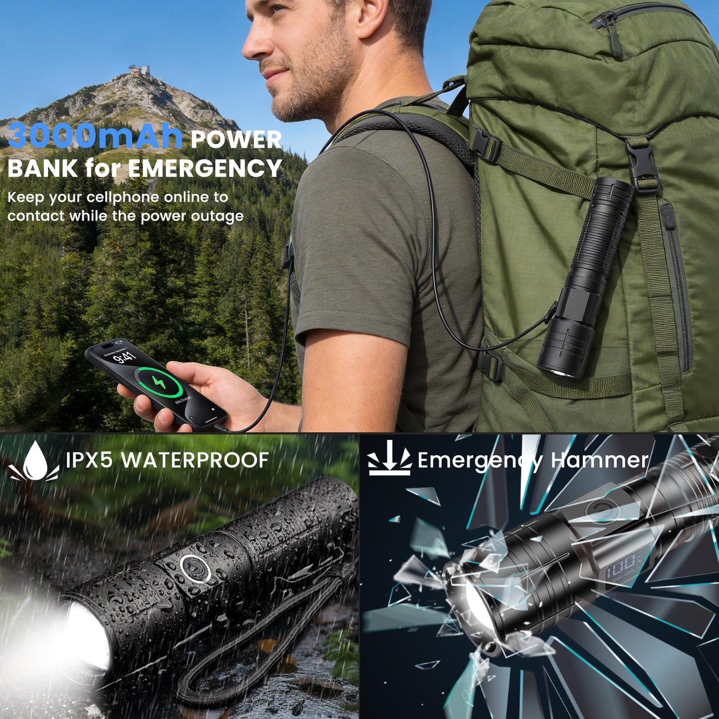 AdamStar Flashlight High Lumens Rechargeable, Super Bright Powerful Flashlight High Powered LED Flash Lights, Pocket Flashlight with 6 Modes, Zoomable Waterproof Handheld for Camping Emergency