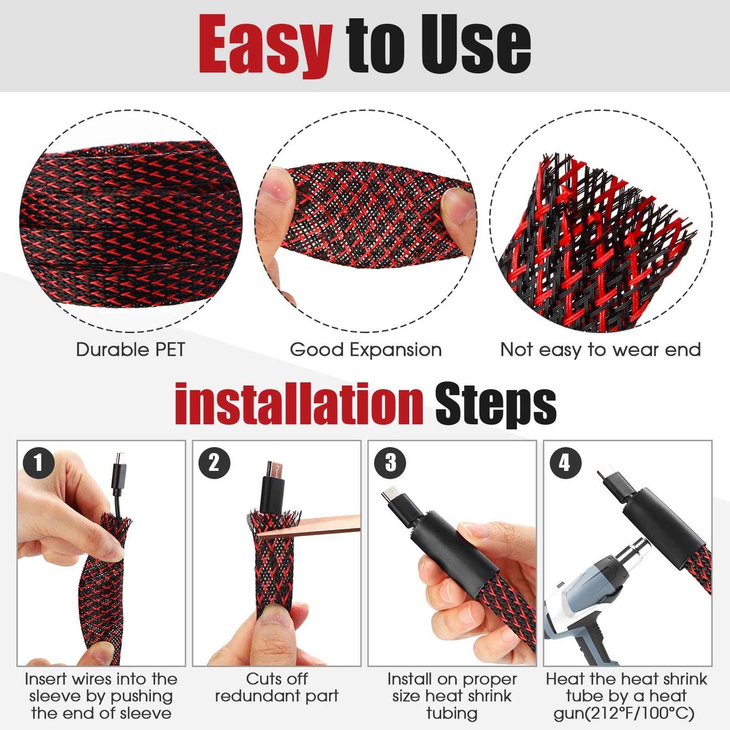 Tatuo 65.6 ft Expandable Braided Cable Sleeve Multi Size Braided Wire Sleeve with 120 Pcs Heat Shrink Tubing for Television Audio Computer Cables Video Pets,1/4 in,2/5 in,1/2 in,3/4 in(Red, Black)