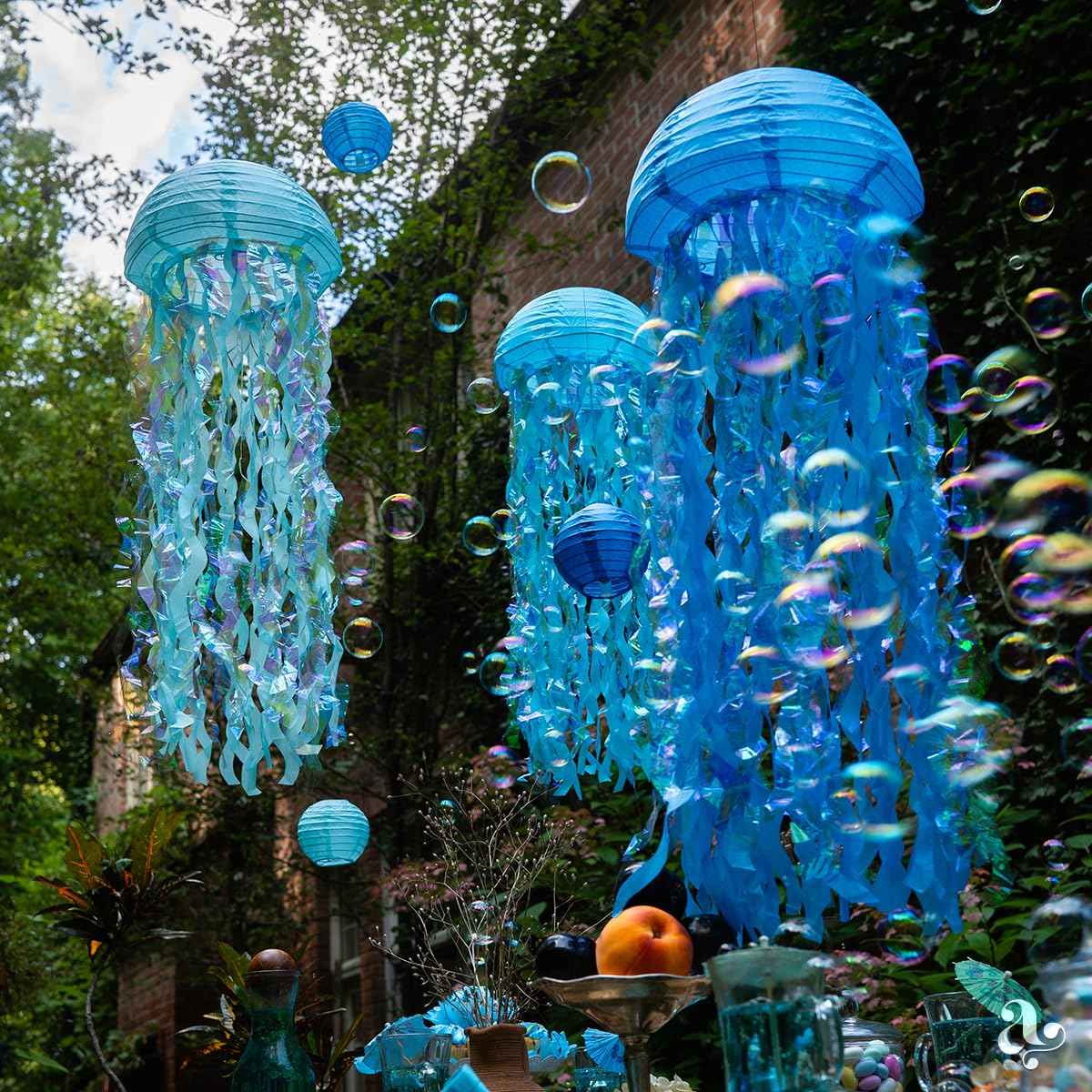 Jellyfish Paper Lanterns and Bubbles - Under Sea Party Decorations, Mermaid Party Decor, Mermaid Birthday Decorations and Hanging Jellyfish Decor by Avoseta (15pcs, Jelly Fish, Blue and Cyan)