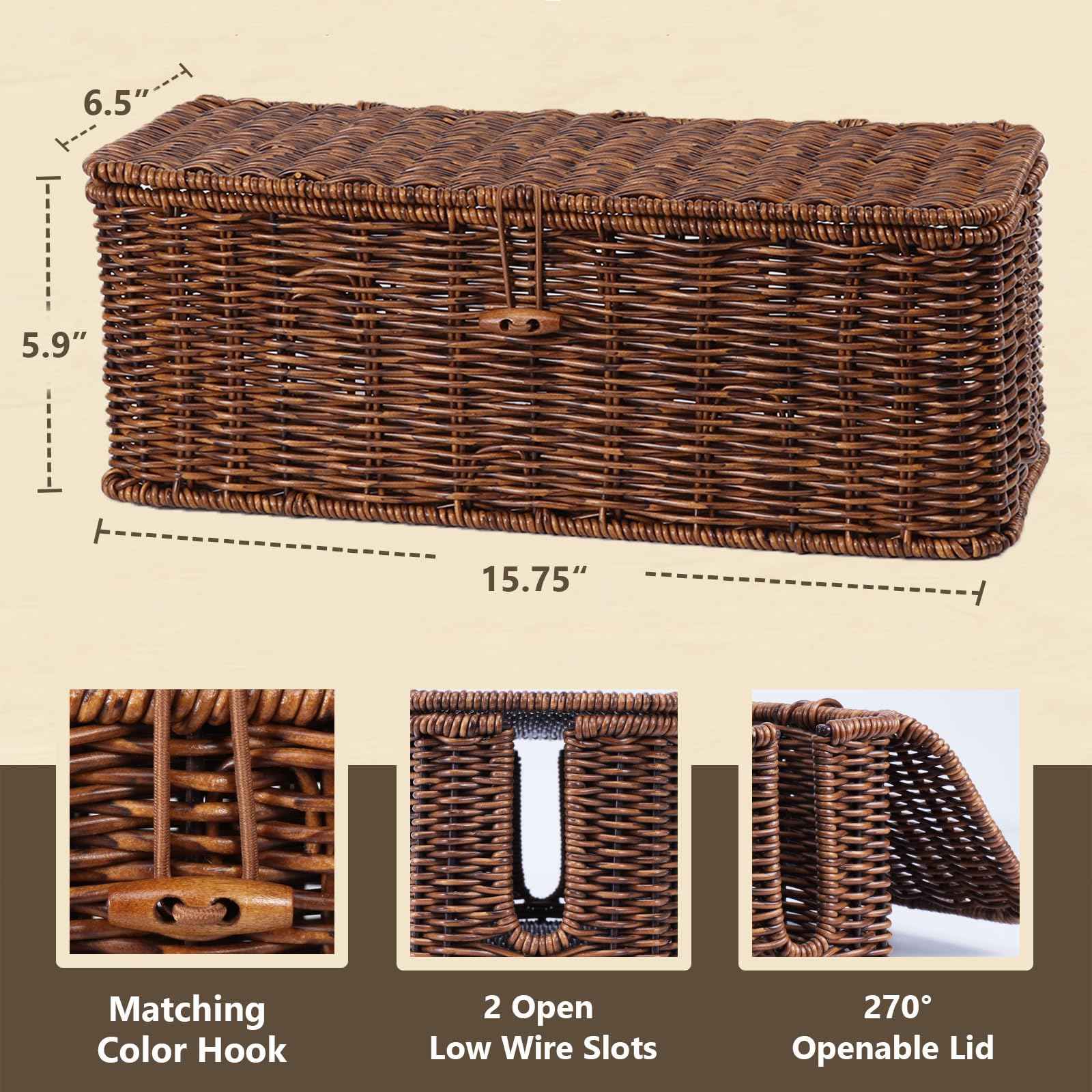 BROWNLILY Cable Management Box, Rattan Style Cord Organizer for Desk Cord Hider Outlet Covers Baby Proofing for Power Strip TV PC Router Charger Under Desk Storage with Lockable Lid and Cable Ties