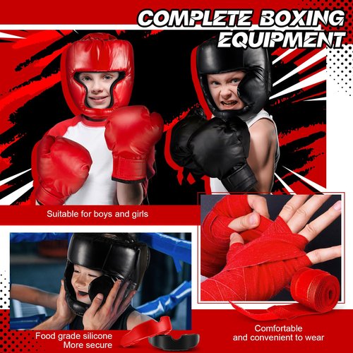 Kanayu 12 Pcs Kids Boxing Equipment Set for Beginners Ages 6-18 Years Including Boxing Helmet and Gloves Hand Wraps Sport Mouthguards Taekwondo Sparring Gear for Kids and Children(Black, Red)