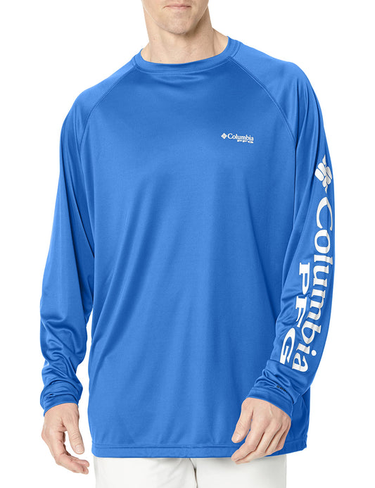 Columbia Men's PFG Terminal Tackle Long Sleeve Fishing Shirt, Vivid Blue/Cool Grey Logo, 3X Tall