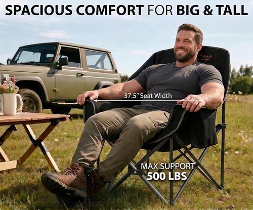 Fair Wind Oversized Padded Camping Chair - Heavy Duty Quad Fold Arm Chair, Supports 500LBS, Black - 2 Pack