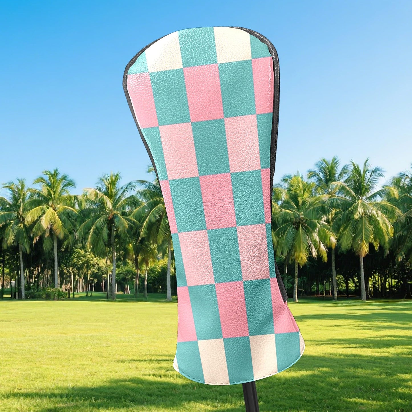 Golf Club Head Covers for Driver and Fairway Woods, Waterproof Leather Headcovers for Golf Clubs, Ideal Golf Accessories Gift for Men Women (Pink and Teal Checkered)