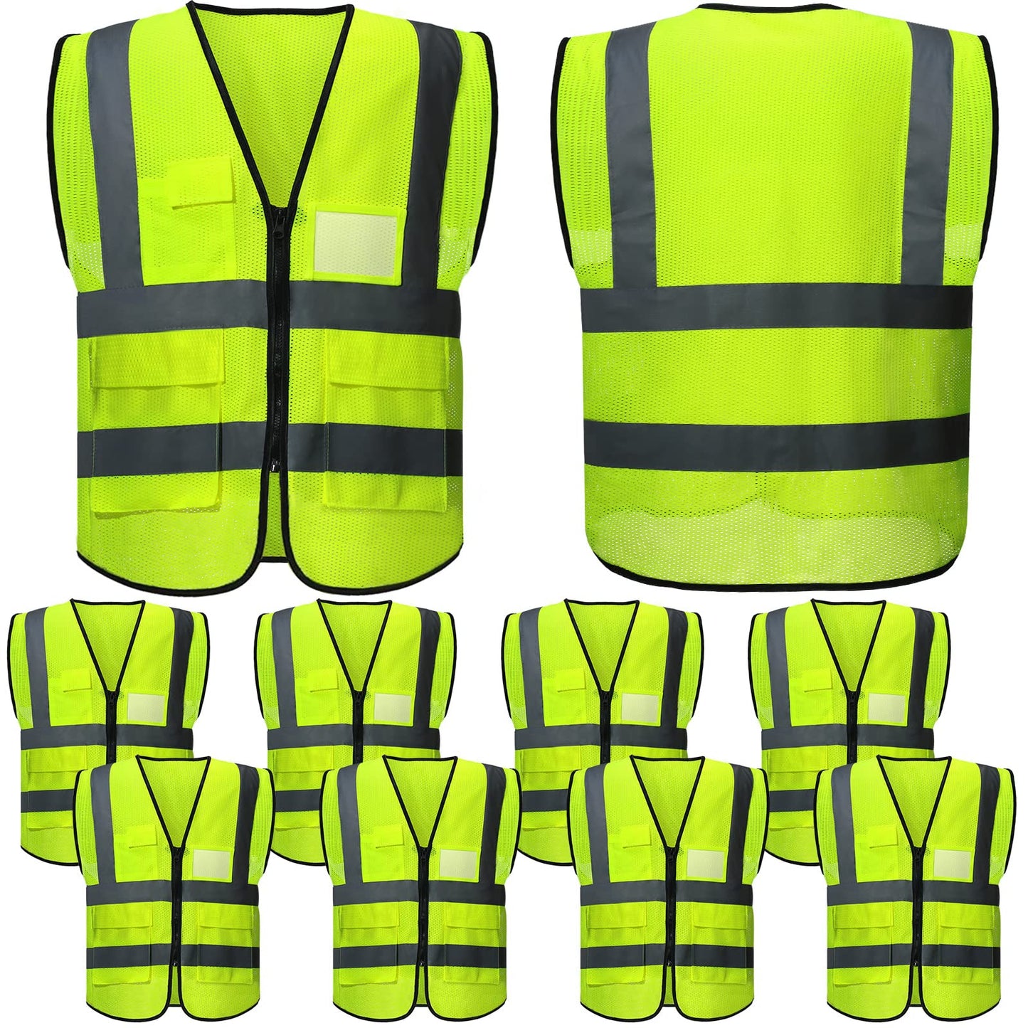 JenPen 10 Pieces Reflective Safety Vests with Pockets and Zipper, High Visibility Mesh Construction Vest for Men Women (XXL)