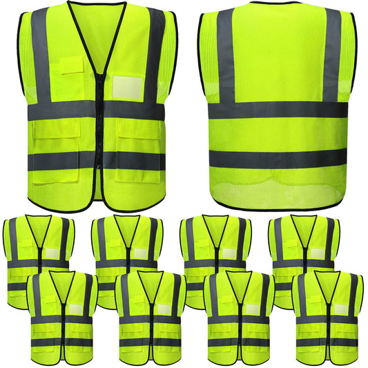 JenPen 10 Pieces Reflective Safety Vests with Pockets and Zipper, High Visibility Mesh Construction Vest for Men Women (XXL)