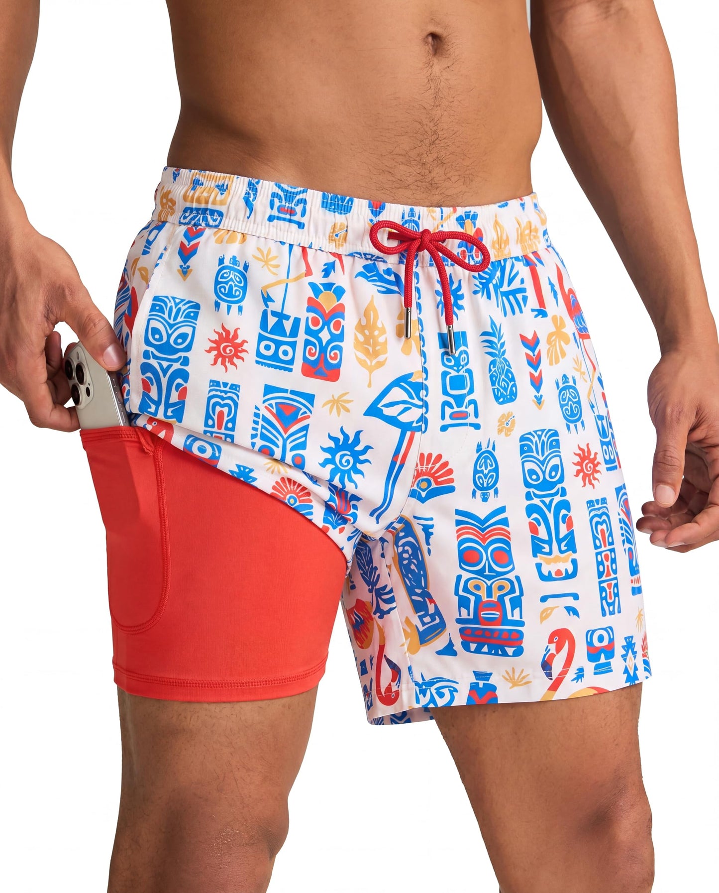 maamgic Mens Swim Trunks with Compression Liner 5 Inch, Quick Dry Bathing Suit with Zipper Pockets, Stretch No-Chafing Swim Shorts, Boro Flame Small
