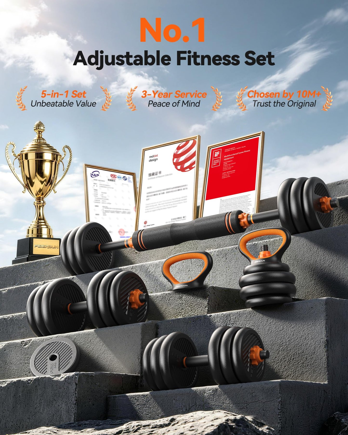 FEIERDUN Adjustable Dumbbells, 45lbs Free Weight Set with Connector, 4 in1 Dumbbells Set Used as Barbell, Kettlebells, Push up Stand, Fitness Exercises for Home Gym Suitable Men/Women.
