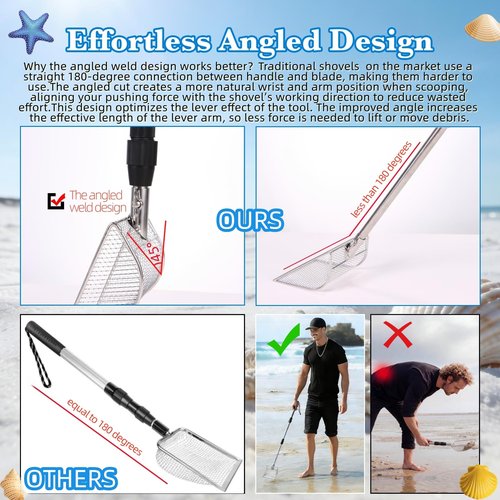 Upgraded 2Pcs Shark Tooth Sifter,Beach Sand Shovel Set,Effortless Angled Design Sand Scoop Shell Scooper for Easy Digging,Reinforced Head,Telescoping Handle for Kids Adults