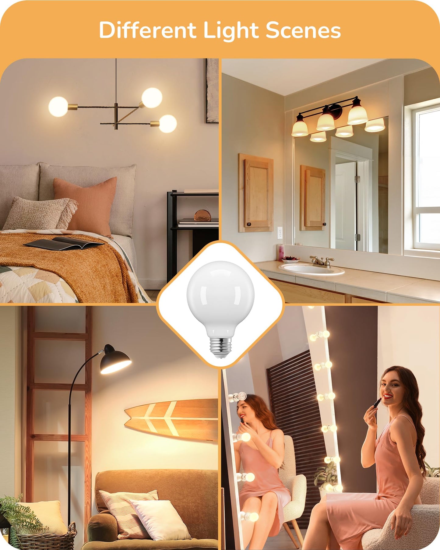 EDISHINE Dimmable G25 Globe LED Edison Light Bulb, 5W Equivalent 60W, CRI90+ Vanity Light Bulbs, Milky Glass LED Light Bulb for Bathroom, Mirror, E26 Base 500LM 2700K Warm White, 6 Pack, UL Listed