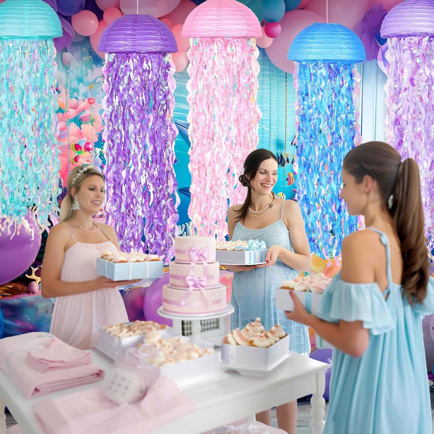 OBXT 10" Mermaid Jellyfish Lanterns – Pink Purple Blue Decorations for Mermaid Birthday Party, Under The Sea Theme, Baby Shower, Ocean & Beach Room Hanging Decor (Set of 6)