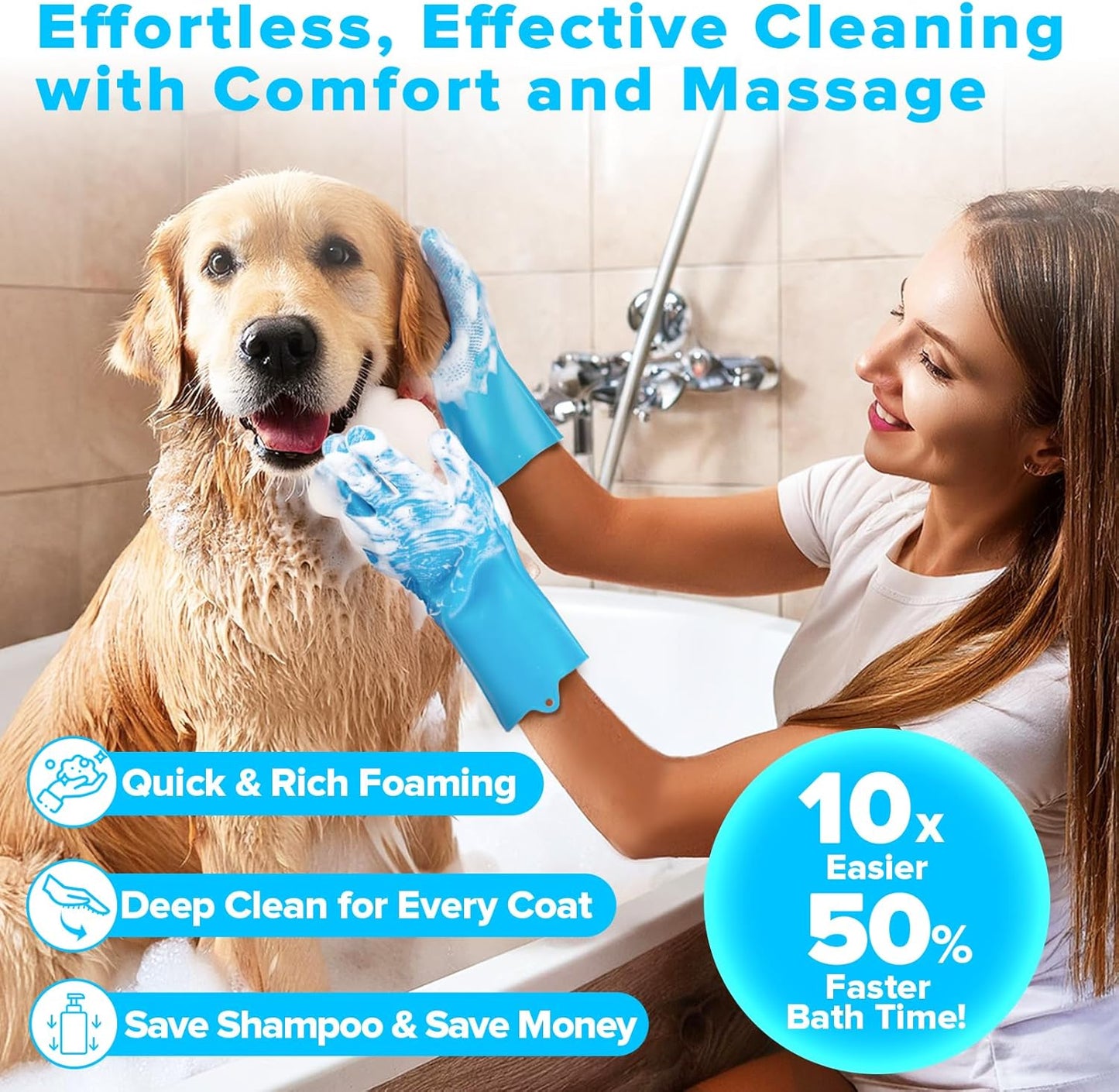 Augwind Pet Grooming Kit - 6PCS for Dogs, Cats & Horses | Includes Bath Gloves & Brush (Light Blue)