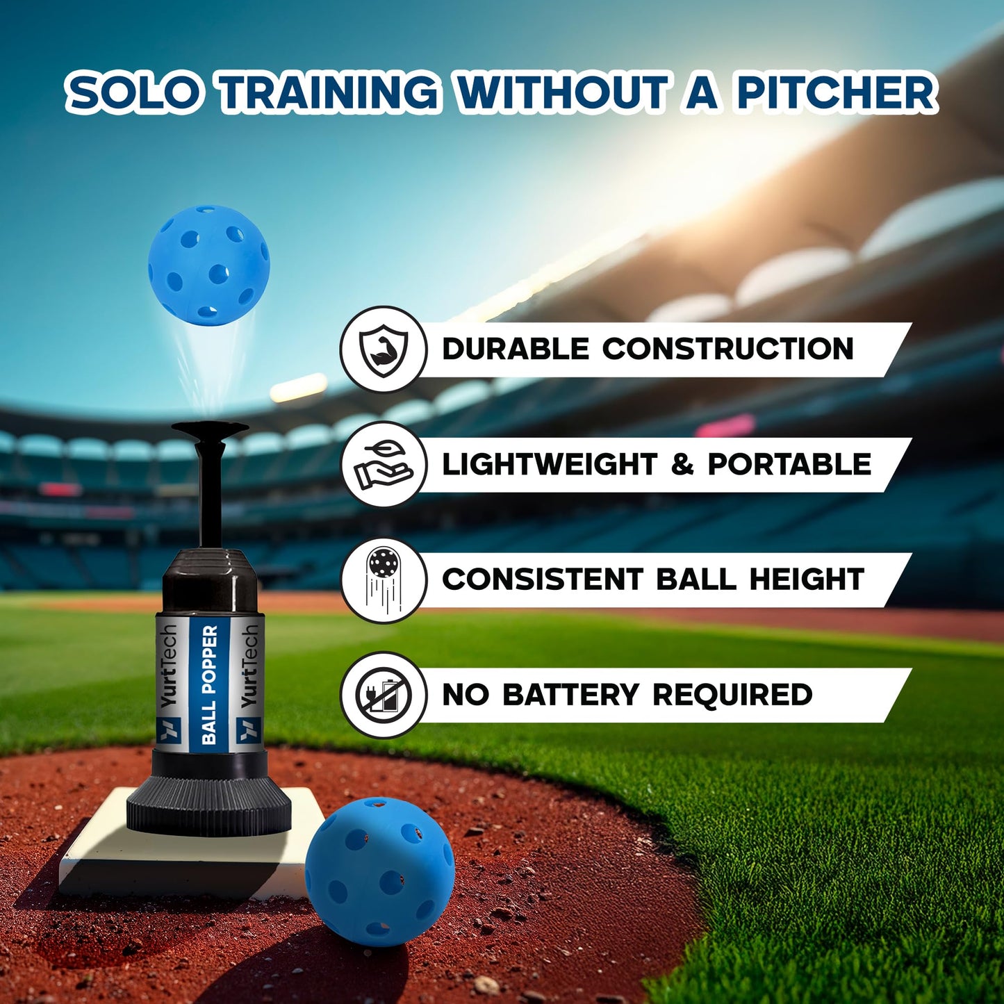 YurtTech Baseball Tee Ball Popper – Pop Up Baseball Training Equipment Timing & Hitting Skill Development, Batting Machine for Practicing Hitting Without a Pitcher (1 Popper Ball Included)