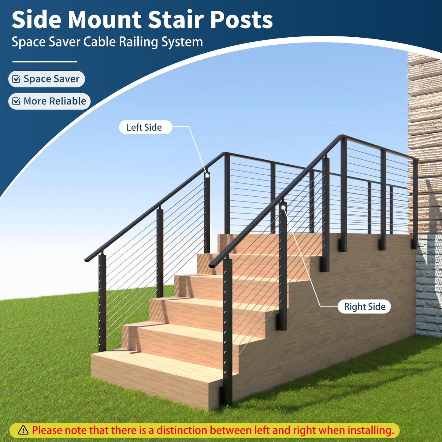 Gyykzz 42" Side Mount Stair Cable Railing Post for 36"-38" Stair Railing, Left Side Space-Saving 33° Drill Stair Handrail Deck Post for Cable Railing System Kit Indoor Outdoor Wood Concrete