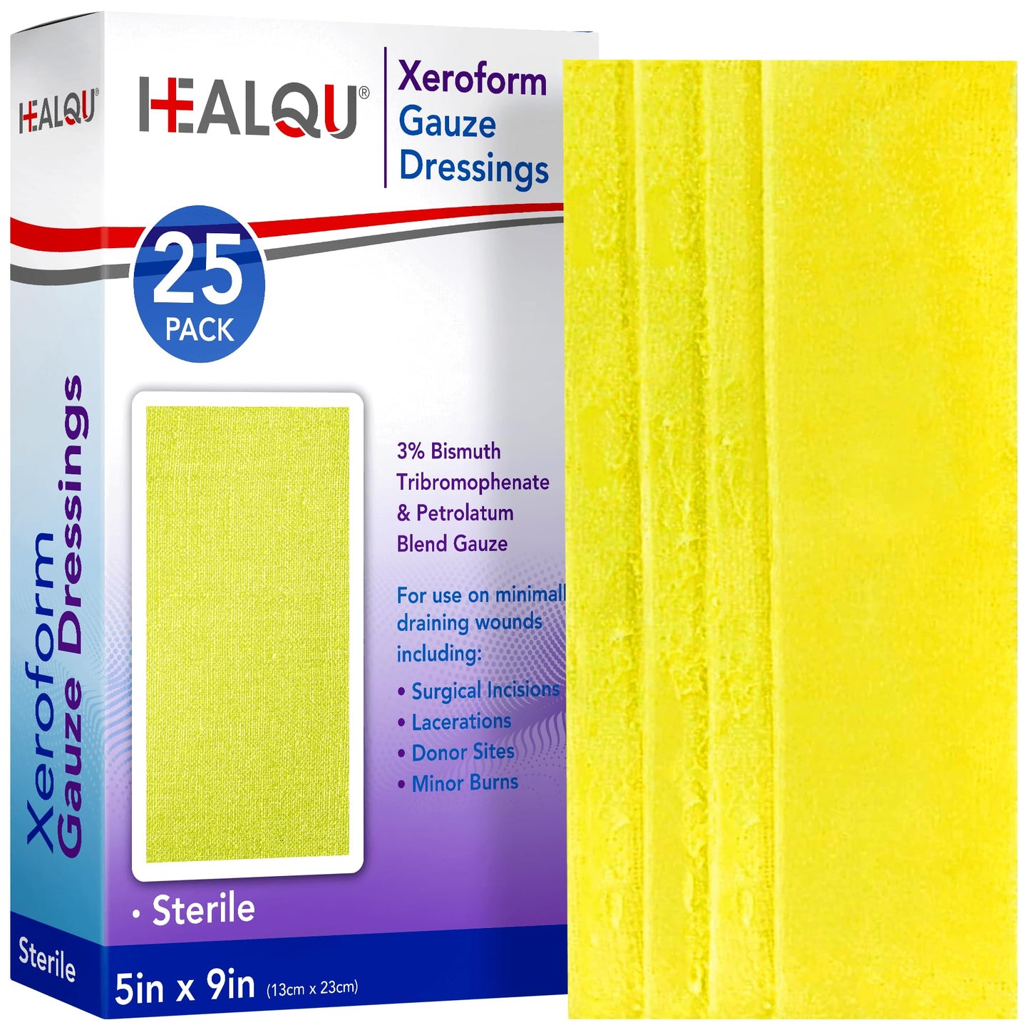HEALQU Xeroform Petrolatum Dressing 5x9 - Box of 25 Non-Adherent Gauze Pad for Low Exudating Wounds - Fine Mesh Gauze Patch Sterile for Wound Care Lacerations, Burns & Skin Grafts