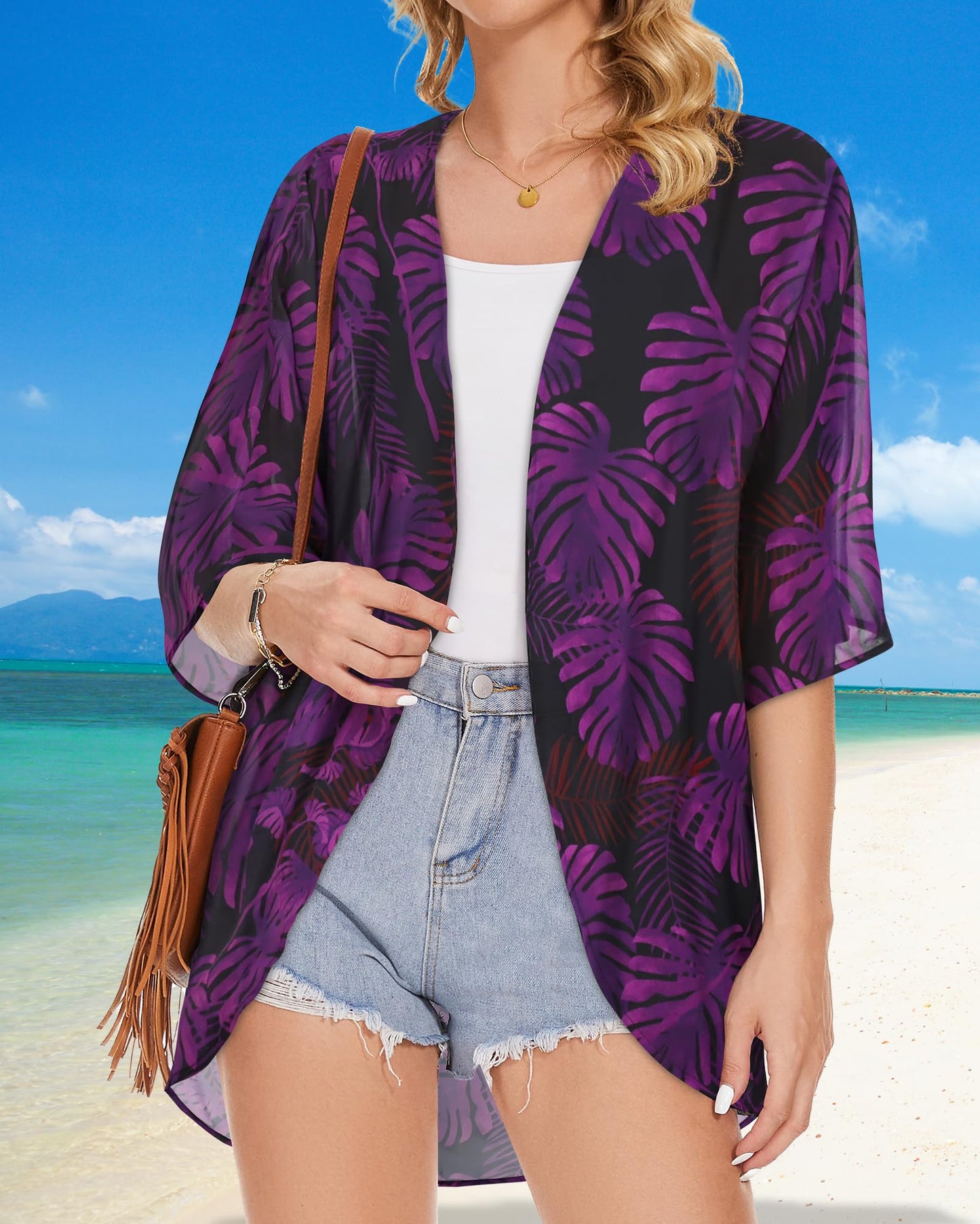 Women's Floral Kimono Print Puff Sleeve Loose Cardigan Cover Up Casual Blouse Tops (Black Purple Leaves, 3XL)