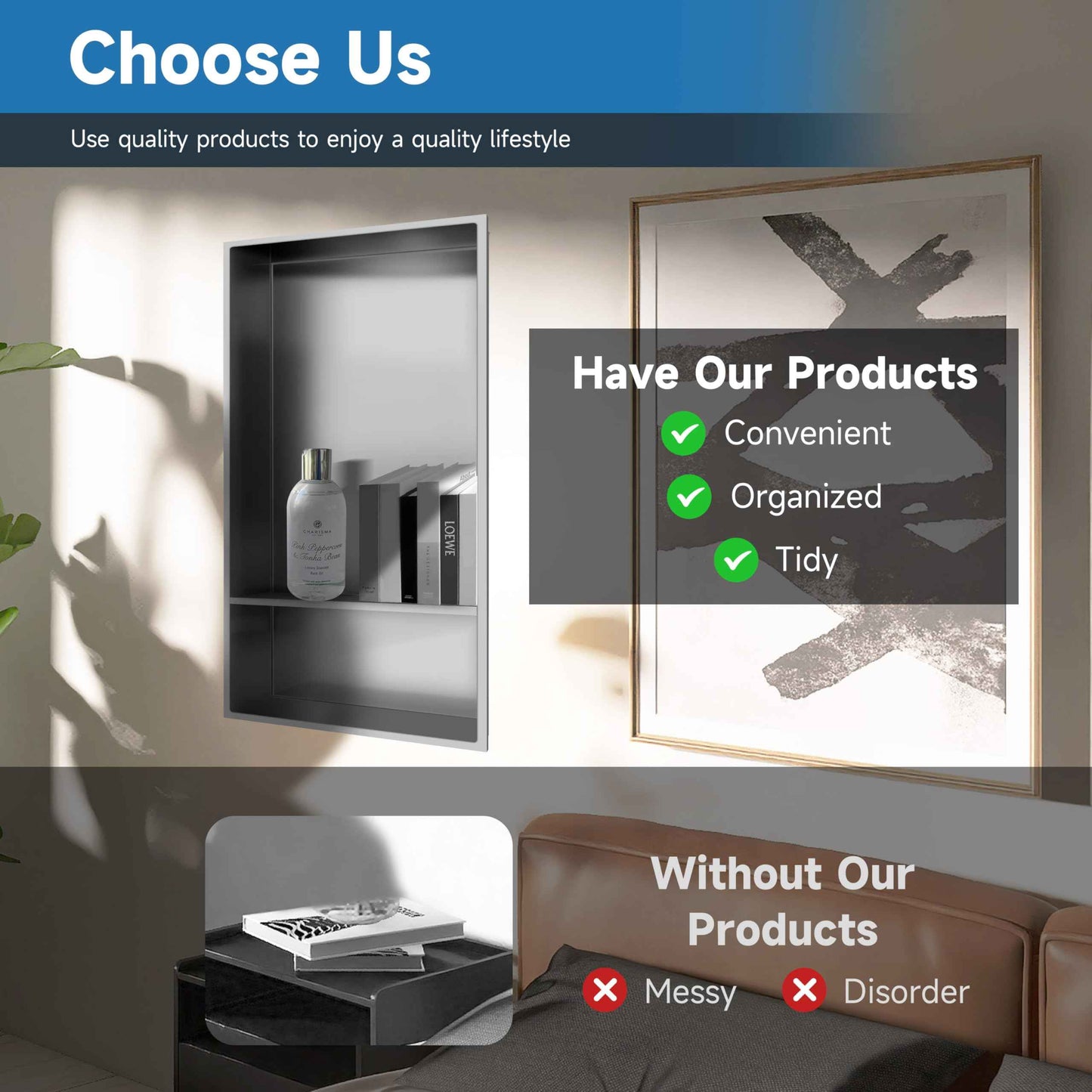 BATHFINESSE Shower Niche Insert Tile Ready, Bath Niche 13 × 25 Double Shelves, Recessed Niche Shower for Bathroom Storage, Brushed Nickel