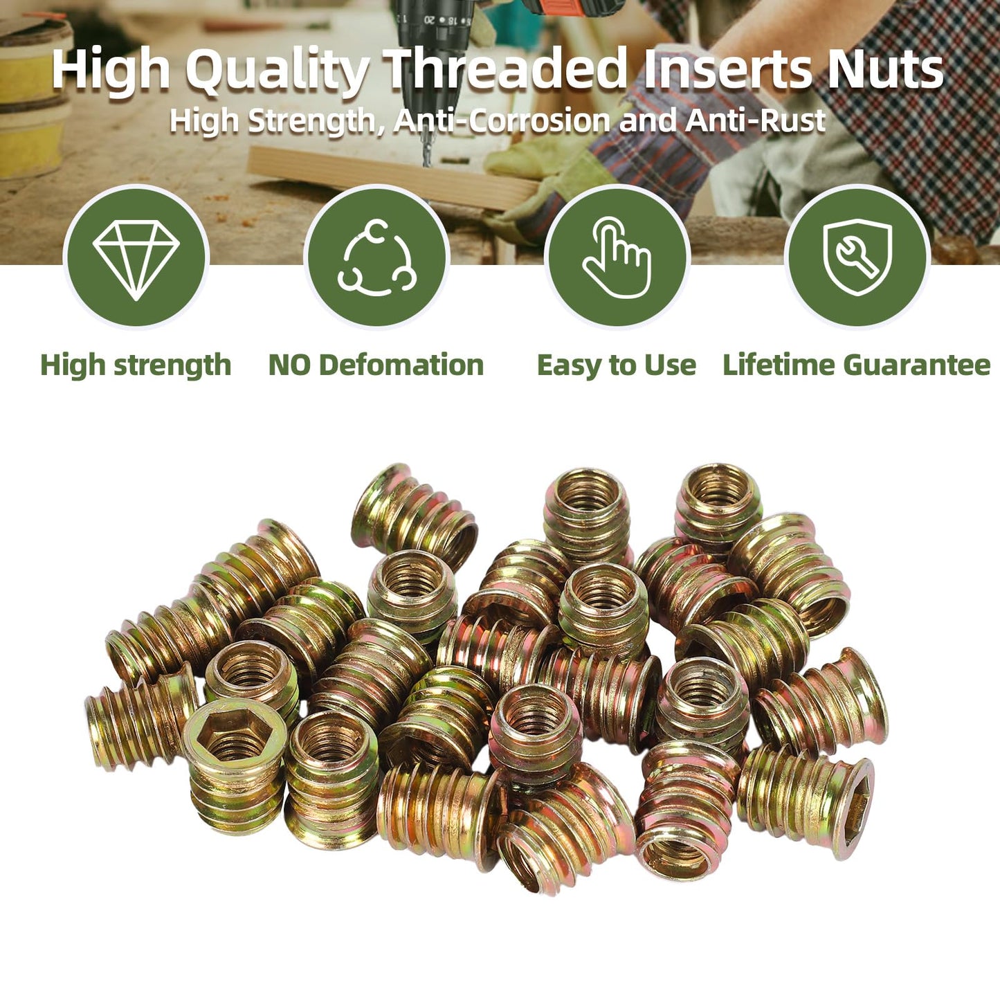15 PCS 3/8-16 x 25mm Threaded Inserts for Wood Professional Threaded Insert Nuts for Furniture & Wooden Products, Hex Spanner Included
