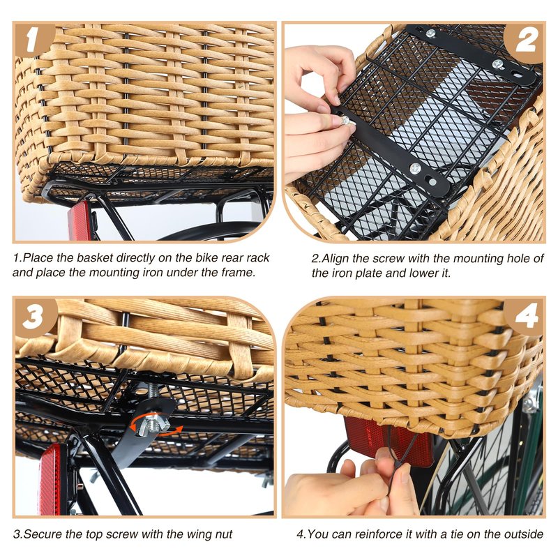 MEGHNA Bike Basket Woven Portable Rear Bicycle Basket with Protection Net Detachable Bike Rack Basket Bike Storage for Rear Rack of Most Kinds of Bike (Wood - with Net)