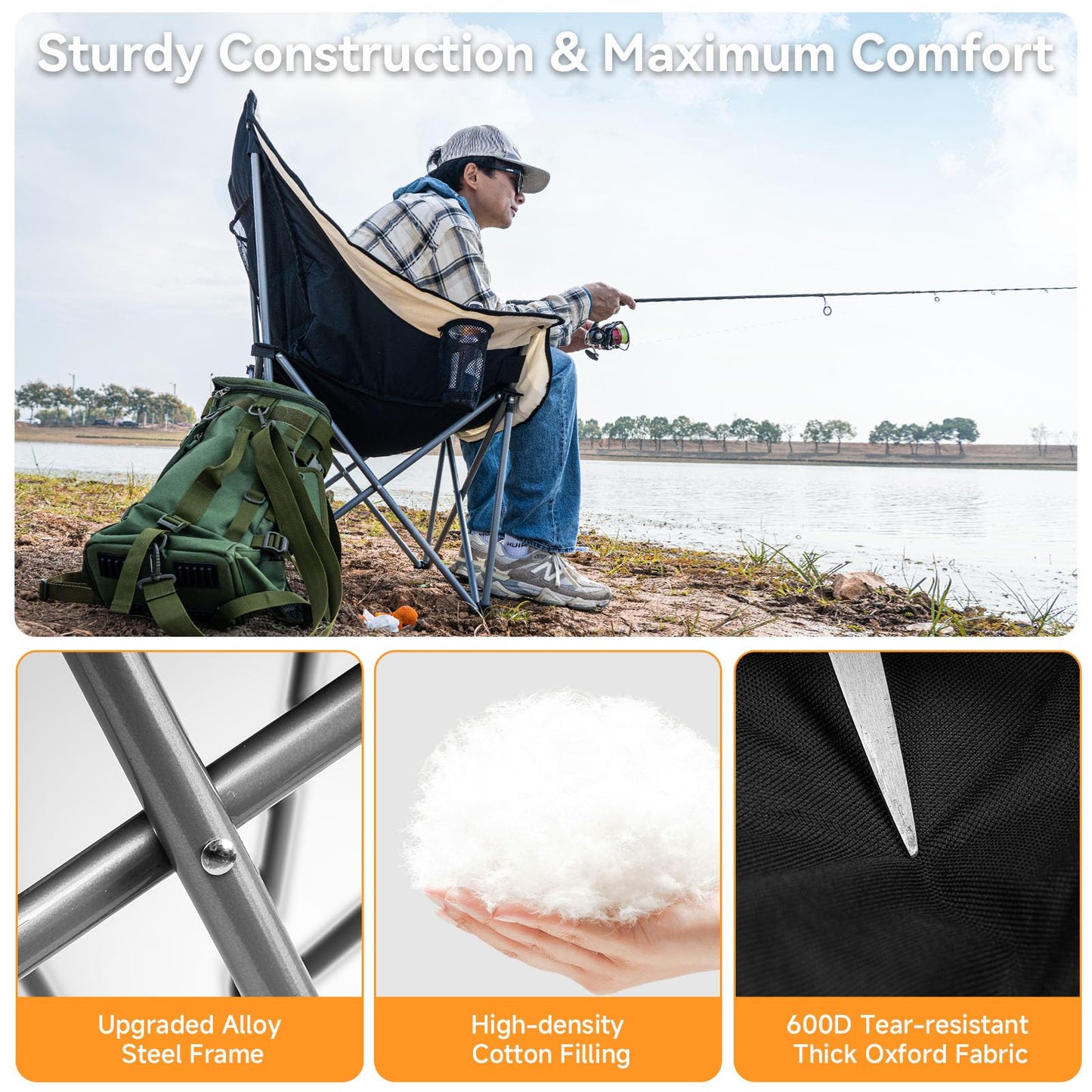 Heated Oversized Camping Chair for Adults Portable Folding Padded Chair with 3 Heat Levels Cup Holder Side Pocket and Carry Bag for Camping Outdoor Sports Picnic Lawn Supports up to 450lbs