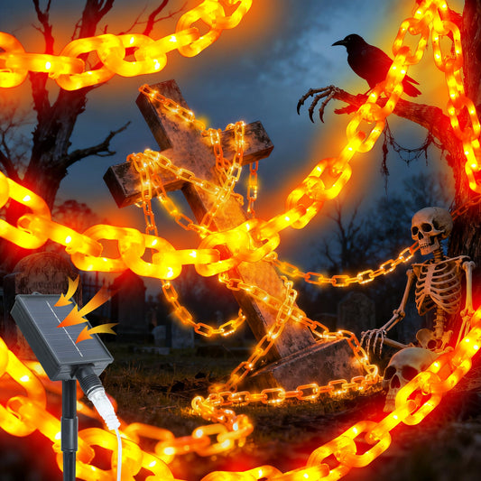Halloween Decoration Solar Light String,6.6FT, 100 LED Orange Chain Lights. IP44 Waterproof, 8 Lighting Modes. Perfect For Horror Costume Accessories, Haunted House Courtyards & Halloween Party Decor.