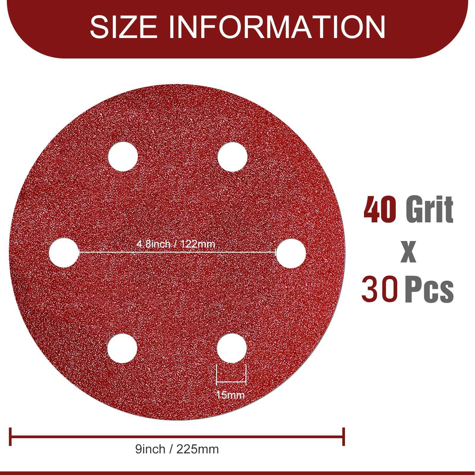 9 Inch Sanding Disc 40 Grit Hook and Loop Sandpaper for 6 Holes Drywall Sander Remove Popcorn Ceiling Sheetrock (30 PCS)