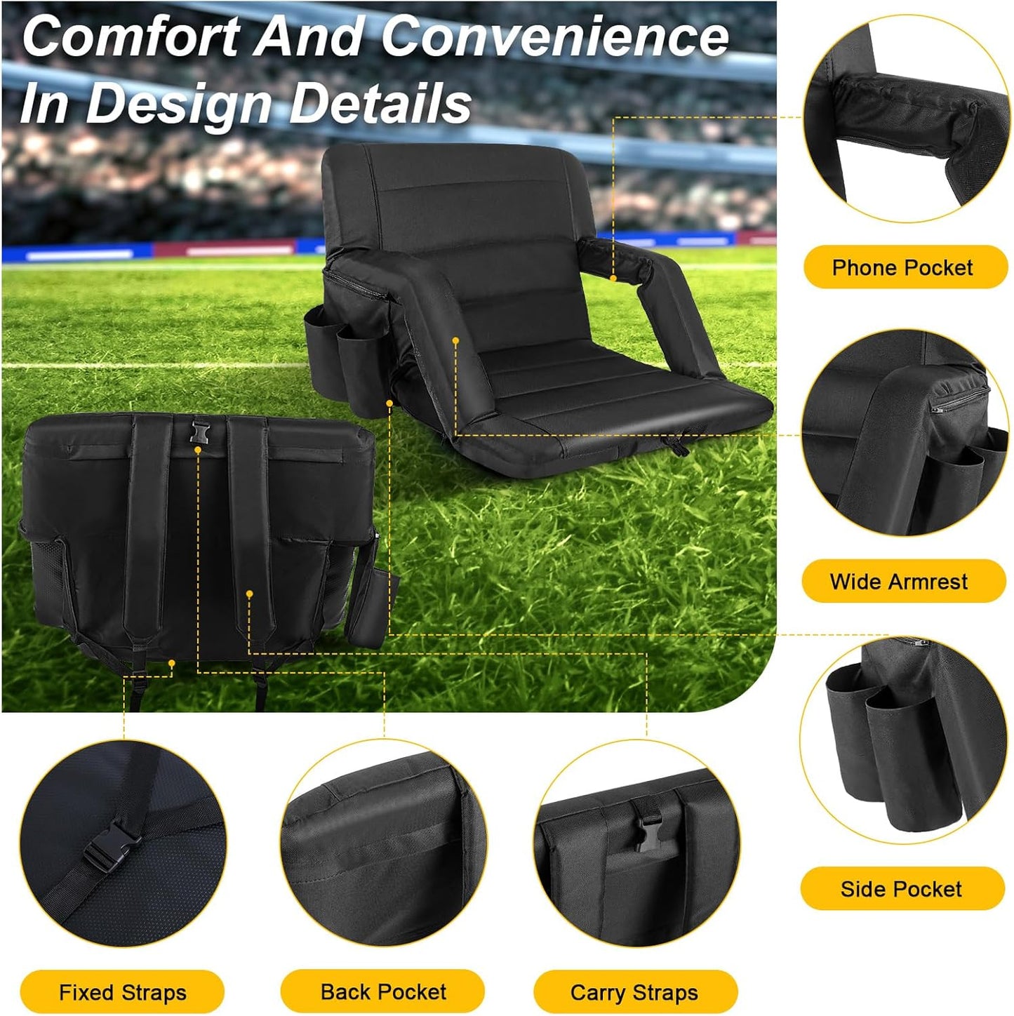 Yeyeeyyee Stadium Seats - Wide Bleacher Chairs with Back Support & Cushion | 22.5" Waterproof Black