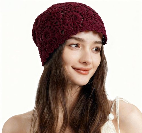 Hshsclth 100% Cotton Crochet Beanie Hat Handmade Knit Slouchy Floral Skull Hat Knitted Openwork Summer hat for Women (Dull Red)